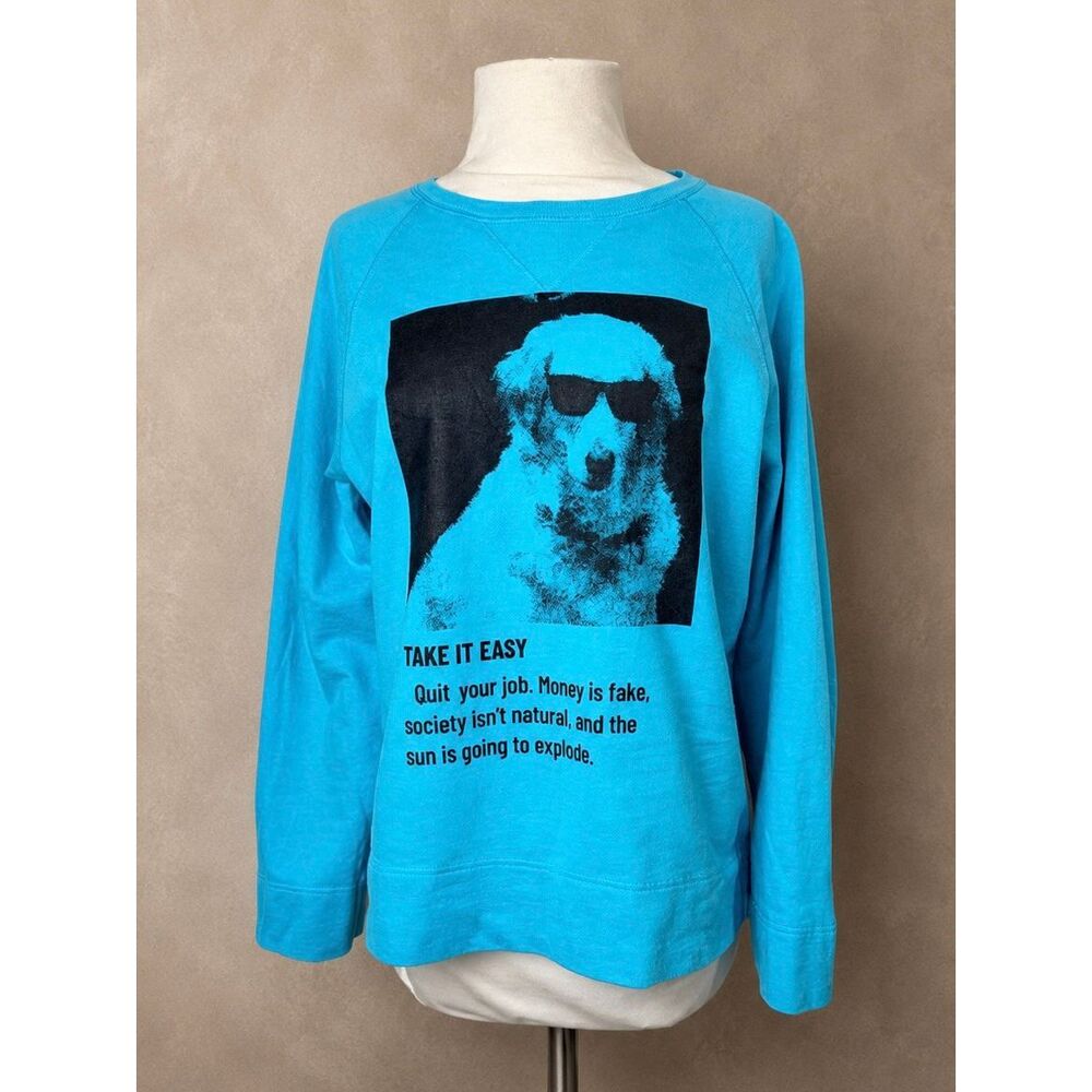 Graphic Sweatshirt Take It Easy Dog Print Turquoise Blue Cotton Size S